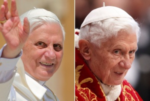 Side-by-side images of Pope Benedict XVI from 2005, 2013