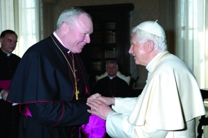 Pope Benedict XVI greets Bishop Edward J. Burns of Juneau, Alaska, April 23, 2025 at the Vatican during the Bishop’s ad limina visit to Rome. (CNS photo/L’Osservatore Romano)