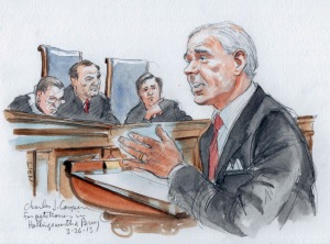 An artist’s rendering shows attorney Charles Cooper arguing in support of California’s Proposition 8 in the U.S. Supreme Court in Washington March 26. The court was hearing oral arguments on the constitutionality of California’s law banning same-sex marr iage (CNS photo/Art Lien, Reuters).