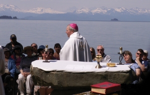 Bishop Edward Burns presides at an outdoor mass at the Shrine Columbarium in 2010. 
