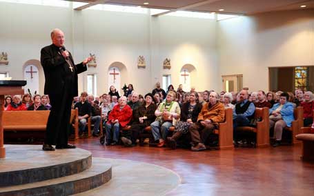 An estimated 700 people pack Our Lady of Guadalupe Parish-Anchorage, Alaska for a public talk by Cardinal Timothy Cardinal Dolan on March 24. — Photo by Ron Nicholl
