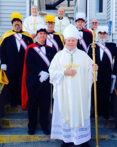 Bishop Edward Burns stands in front of the Cathedral of the Nativity of the Blessed Virgin Mary, Juneau, with members of the Alaska Knights of Columbus. The Alaska Knights held their 2014 convention in Juneau the weekend of April 25 - 24. 