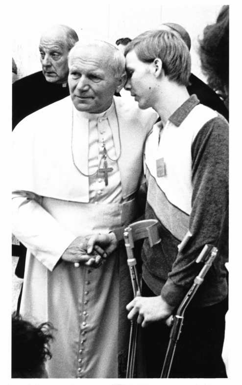 A private moment - Pope John Paul II (Karol Wojtyła) and Caje (Carroll John) Holst of Juneau share a private conversation during the Pope’s visit with exceptional people in the cathedral basement in Anchorage, Alaska on Feb. 26, 1981. Photo courtesy of Mark Kelley/Juneau Empire, Feb. 1981 Inside Passage.