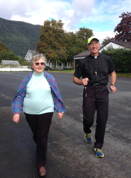 Anne Morris (St. Gregory DRE) and Fr. Andy Sensenig, OMI, pray the rosary while walking and running in Sitka, Alaska. 