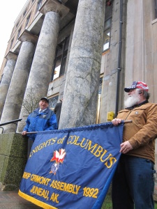Jim Betts and Leo DeMeo of the downtown Juneau Knights of Columbus chapter join the Rally for Life in front of the State Capital building on Jan. 22, 2015.