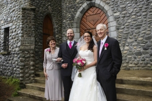 Jeanne and Jack Jordan stand in front of the Shrine chapel with their newly married daughter, Katie, and her husband George Schaaf. 