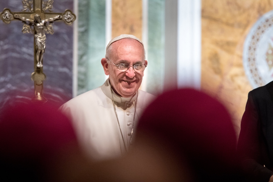 Pope Francis smiles during a prayer meeting with U.S. bishops at the Cathedral of St. Matthew the Apostle in Washington Sept. 23. (CNS photo/Lisa Johnston, St. Louis Review) See POPE-US-BISHOPS Sept. 23, 2015.